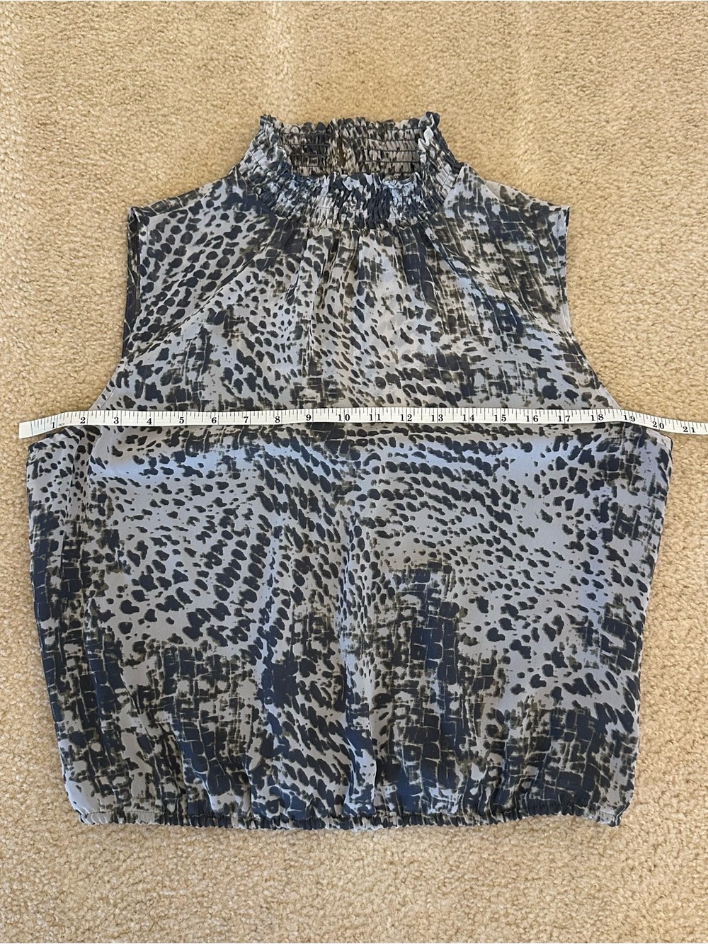 Express Gray Animal-Print Smocked High-Neck Blouse